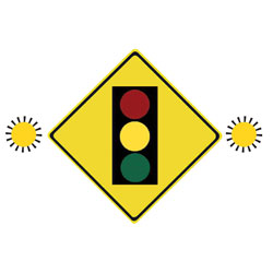 PREPARE TO STOP AT TRAFFIC SIGNALS AHEAD Traffic Sign (With Amber Flashers)