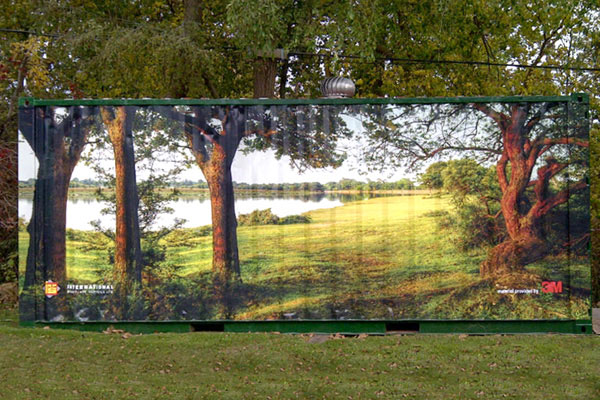 shipping container wrapped in vinyl landscape image