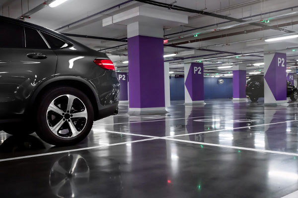 underground parking with colour coded areas