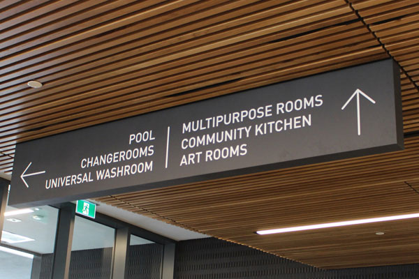 Hanging directional sign community centre ceiling sign